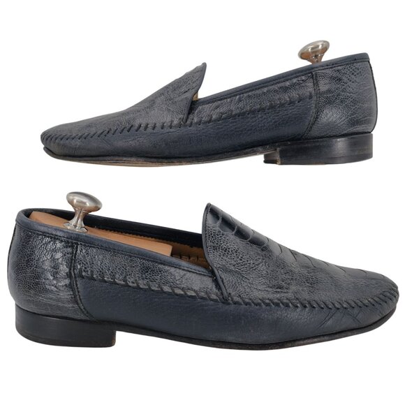 Aldo Bruè Italy Exotic Navy Blue Ostrich Leg Dress Shoe Men 10.5 Slip-on Loafers - Picture 6 of 11